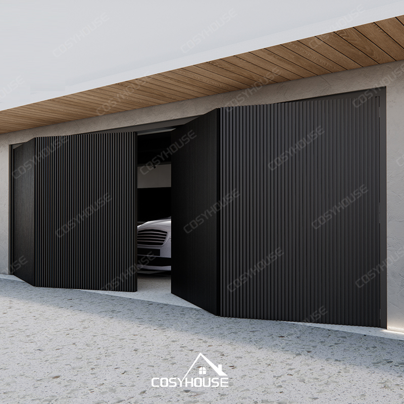 Black horizontal folding garage door with fluted aluminum panels