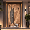 Modern geometric cast aluminum entrance door with wood grain finish
