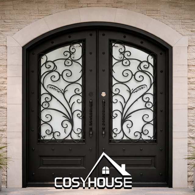 Custom arched wrought iron double entry door with decorative scrollwork and privacy glass