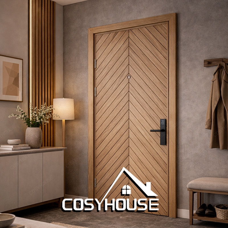 Bookmatched V-plank interior door with timber look finish