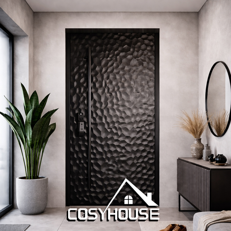 Sculpted textured wood exterior door with premium hardware