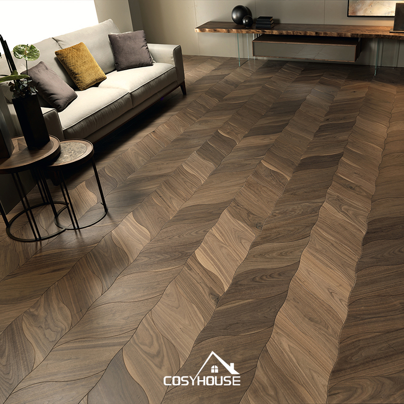 Dark walnut chevron parquet flooring in luxury interior