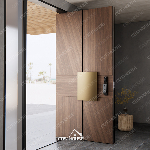 Black walnut entry door with dual side glass panels, bronze handle, and smart lock luxury design
