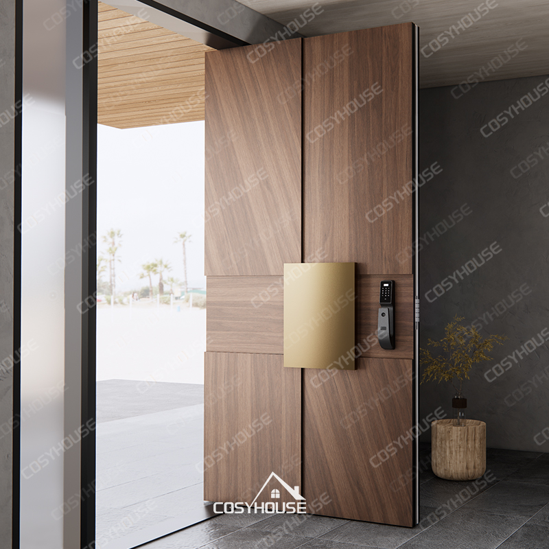 Black walnut entry door with dual side glass panels, bronze handle, and smart lock luxury design