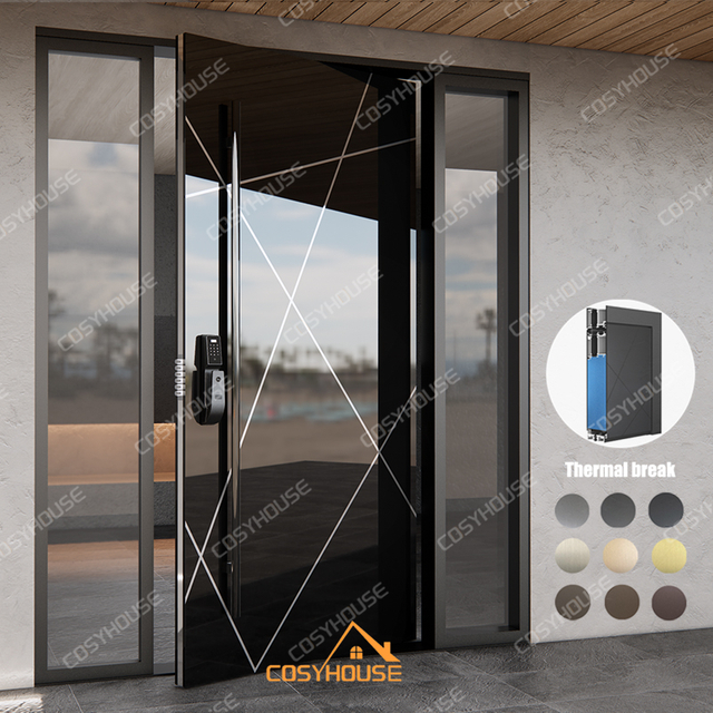 ALD004 High Gloss Glass Pivot Entry Door with Thermal Break And Double Side Panels From China Factory