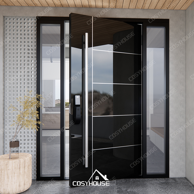Thermal break aluminum pivot front door with black mirror glass and fixed sidelights