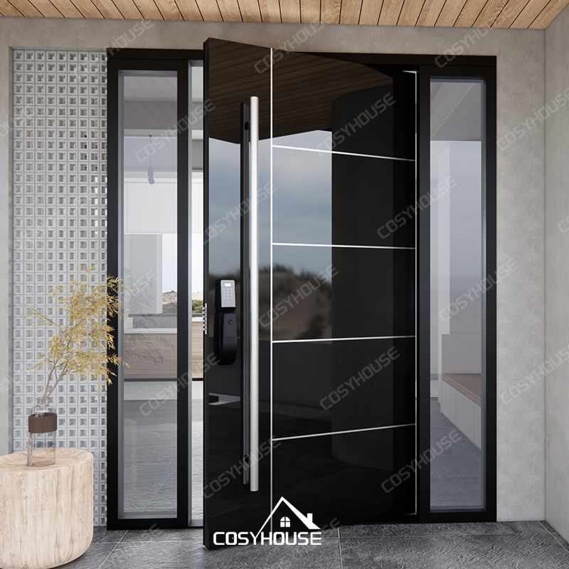 Thermal break aluminum pivot front door with black mirror glass and fixed sidelights
