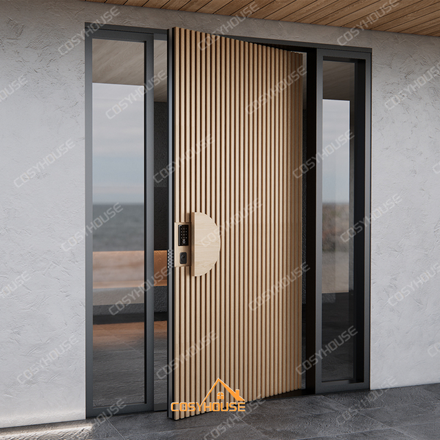 Fluted wood pivot front door with vertical groove design and sidelights