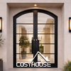 Arched black frame clear glass double entry door for modern French residential entrance