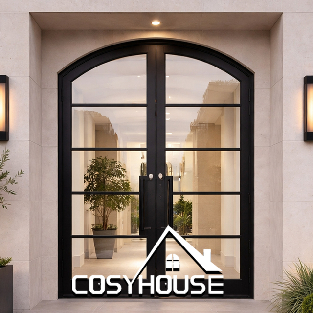 Arched black frame clear glass double entry door for modern French residential entrance