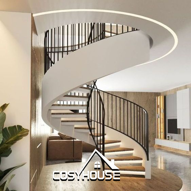 Luxury curved helical staircase with wood treads and black railing for modern villa interior