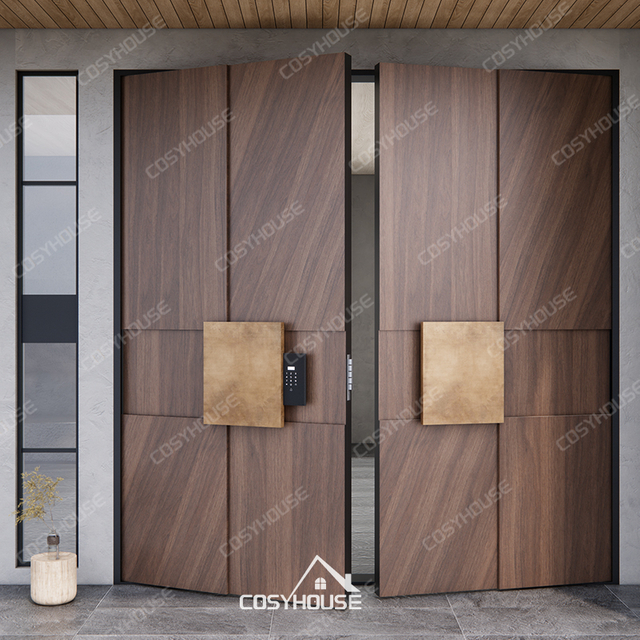 Modern walnut wood double entry door with geometric panel design and square handles
