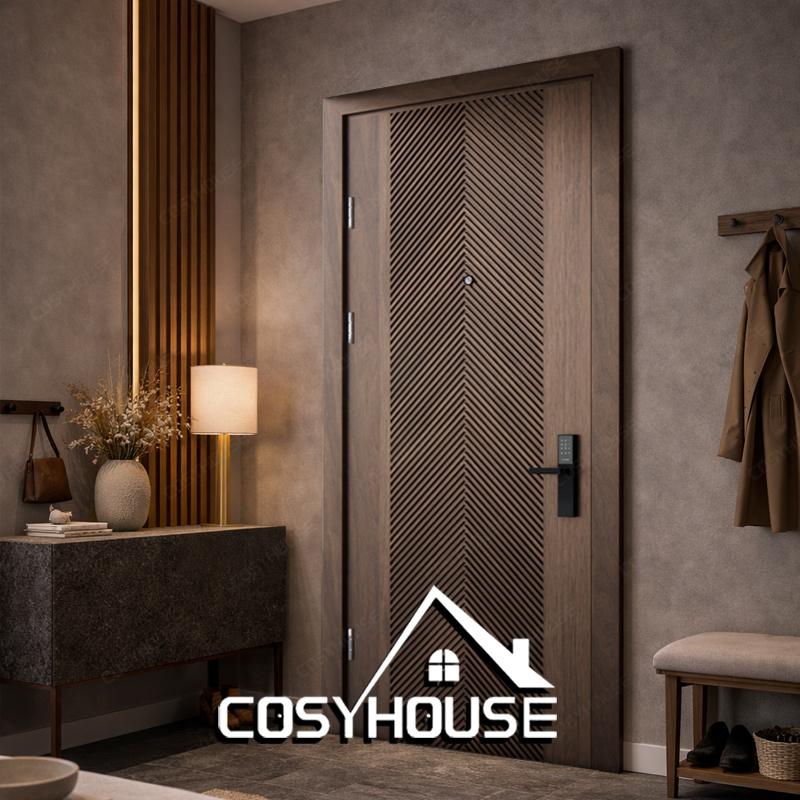 Villa composite wood swing door with herringbone groove panel