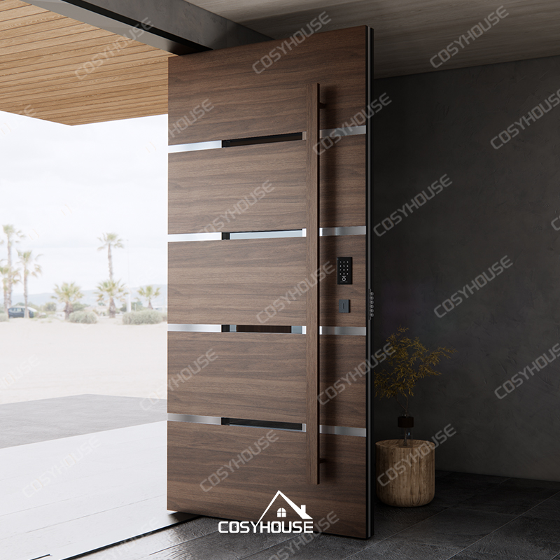 Black walnut solid wood entry door with horizontal metal and glass accents