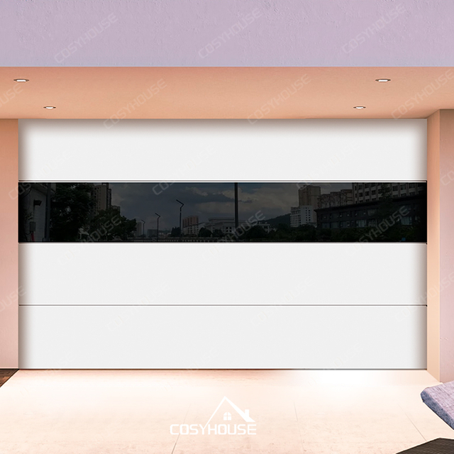 White aluminum electric garage door with central tempered glass panel in modern design