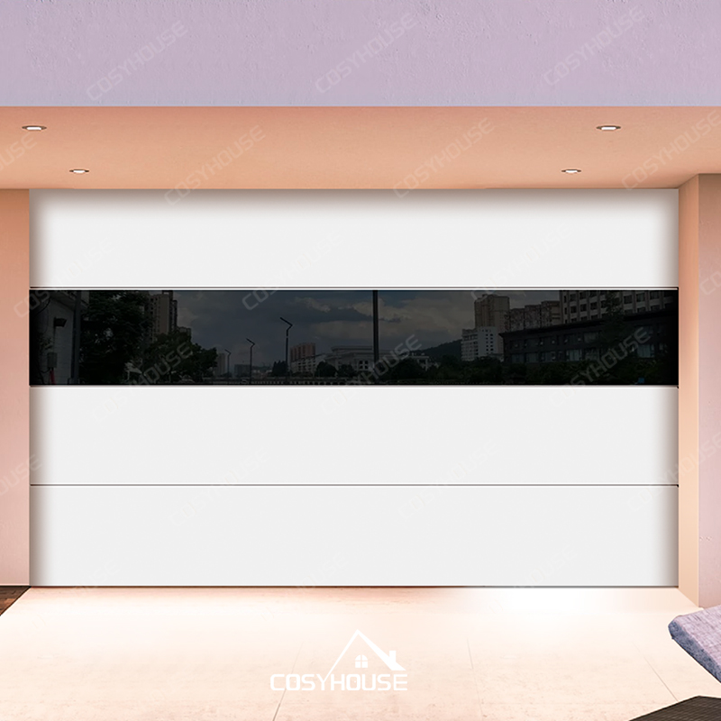 White aluminum electric garage door with central tempered glass panel in modern design