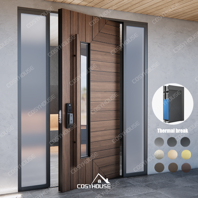 Wood grain cast aluminum thermal break front door with carved lines and central glass panel