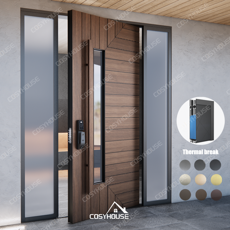Wood grain cast aluminum thermal break front door with carved lines and central glass panel