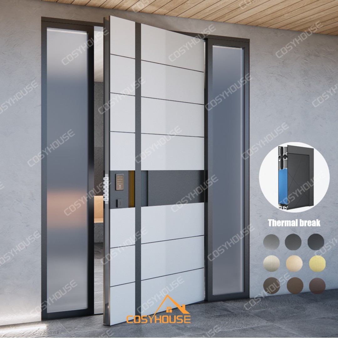 Modern white cast aluminum thermal break pivot front door with recessed handle, sensor LED light and double sidelights