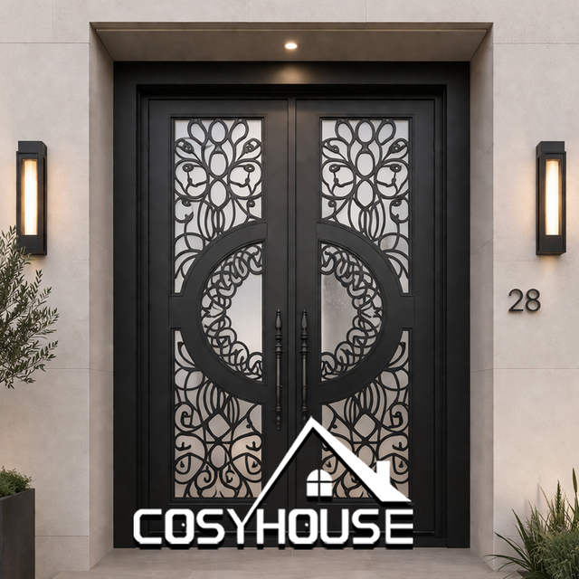 Modern designer double entry door with geometric decorative metal frame for upscale residential entrance