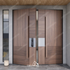 Modern Walnut Wood Double Entry Door with Glass Panels