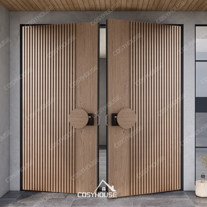 Modern oak slatted double entry door with round handles and smart lock