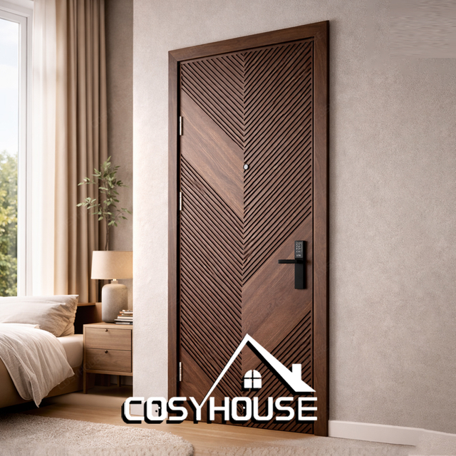 Herringbone veneer interior door with angled slat pattern