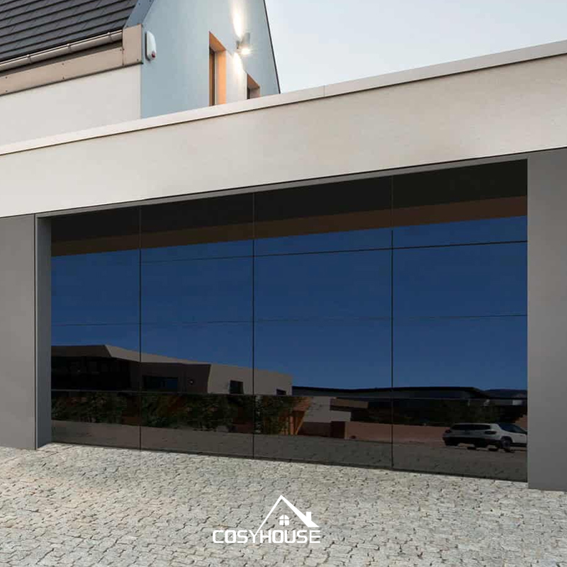 Modern mirrored glass electric garage door with high gloss reflective finish