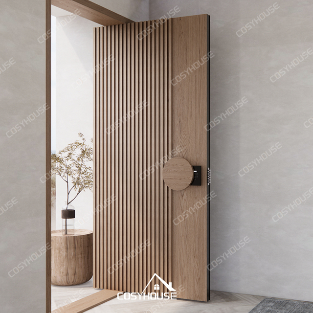 Oak fluted wooden entry door with round handle and smart lock for modern minimalist homes