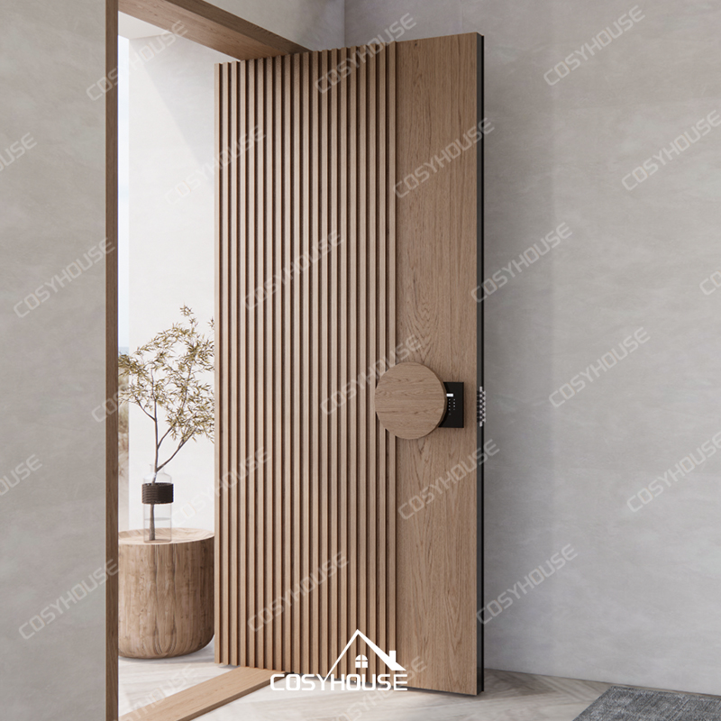 Oak fluted wooden entry door with round handle and smart lock for modern minimalist homes