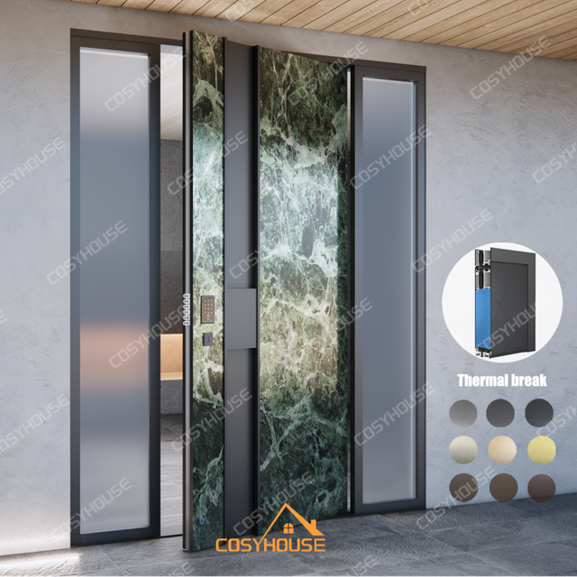 Marble finish aluminum pivot entry door with thermal break and double sidelights