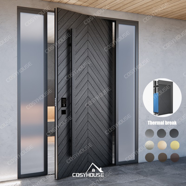 Black wood grain cast aluminum pivot front door with chevron design and double sidelights