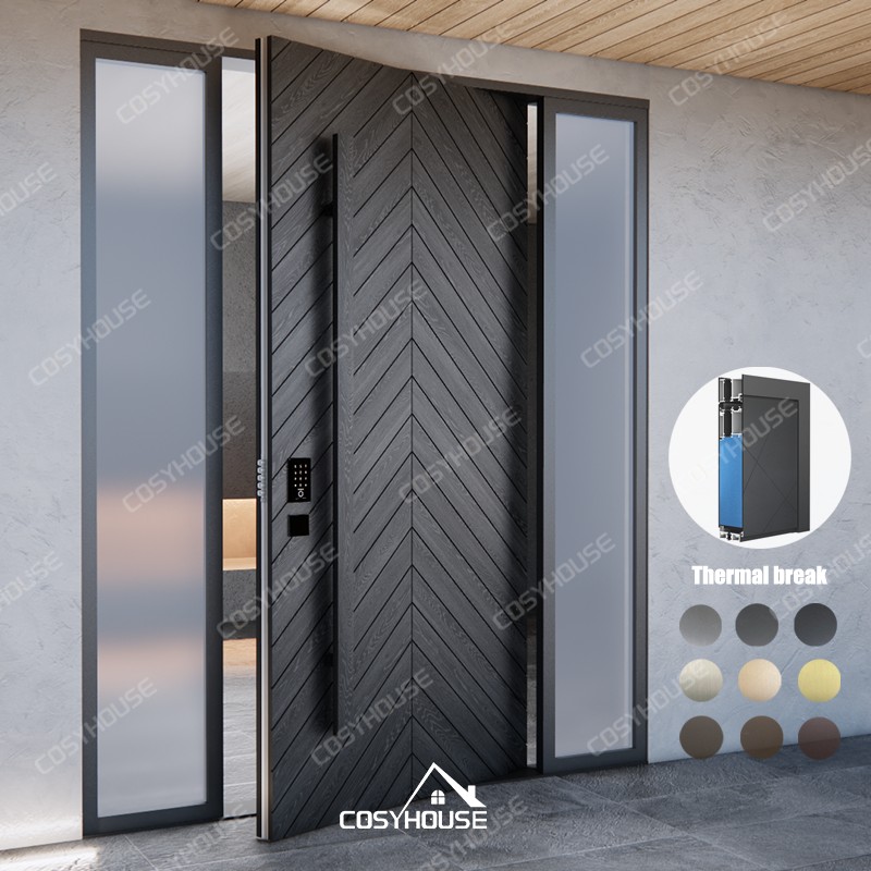 Black wood grain cast aluminum pivot front door with chevron design and double sidelights