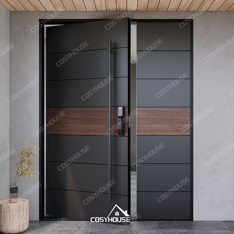 Modern steel front door with sidelight panel and black wood grain design