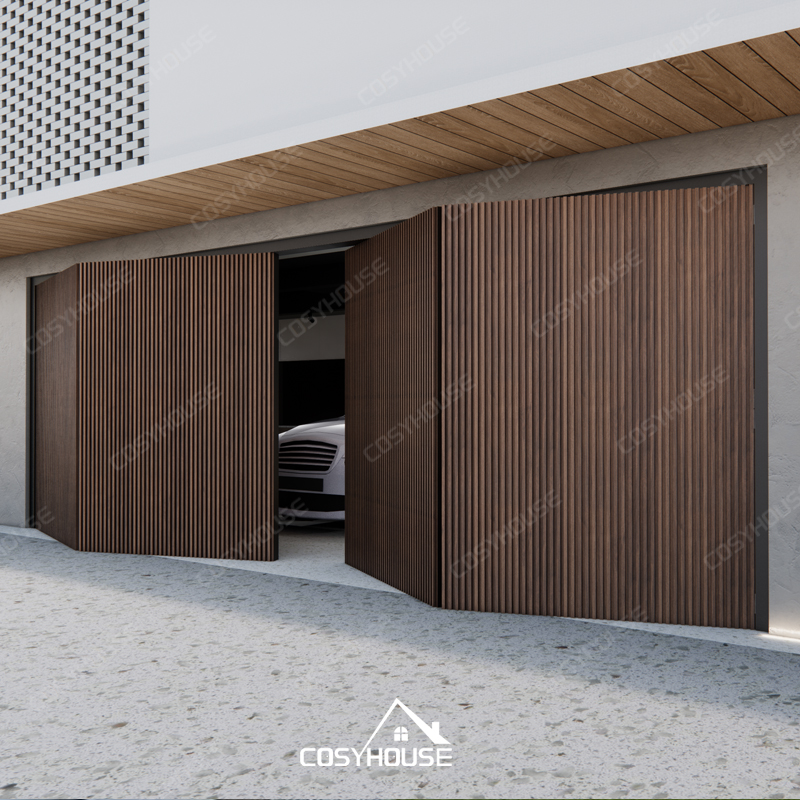 Side sliding folding garage door with fluted wood grain aluminum panels