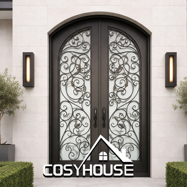 Elegant arched decorative glass double entry door with black metal frame for upscale residential entrance