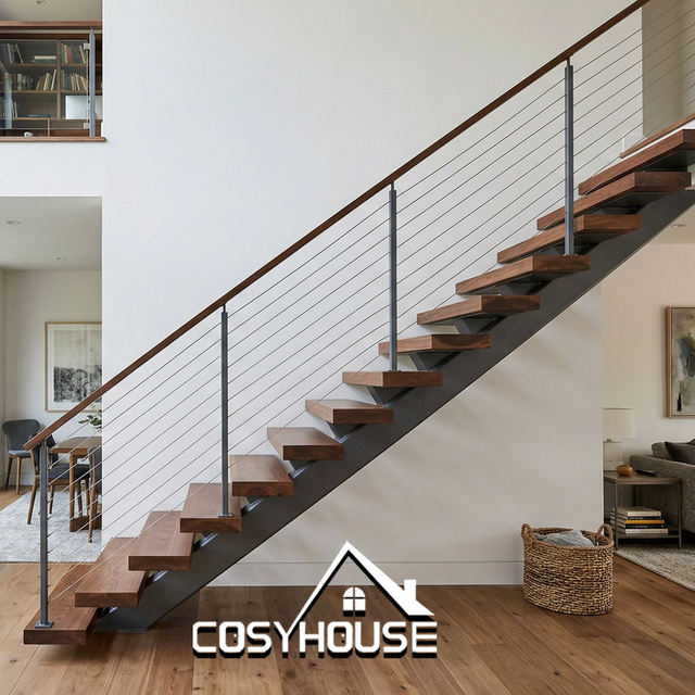 Floating steel staircase with wood treads and cable railing for modern home interior