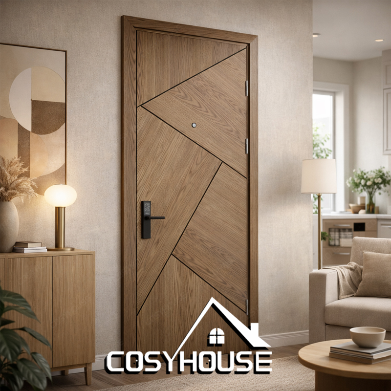 Modern oak interior wooden door with geometric panel design