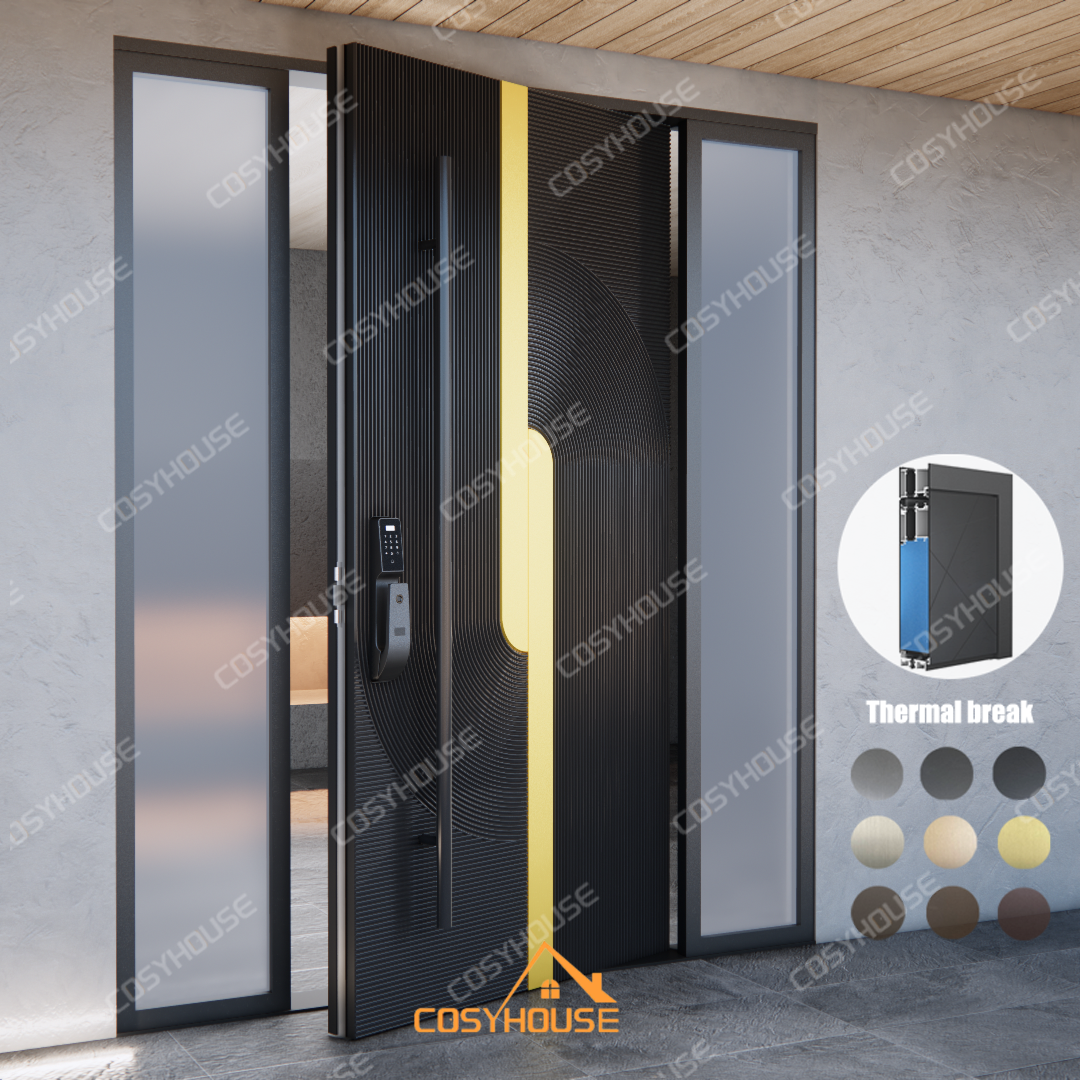 Cast aluminum thermal break pivot entry door with dual frosted glass sidelights