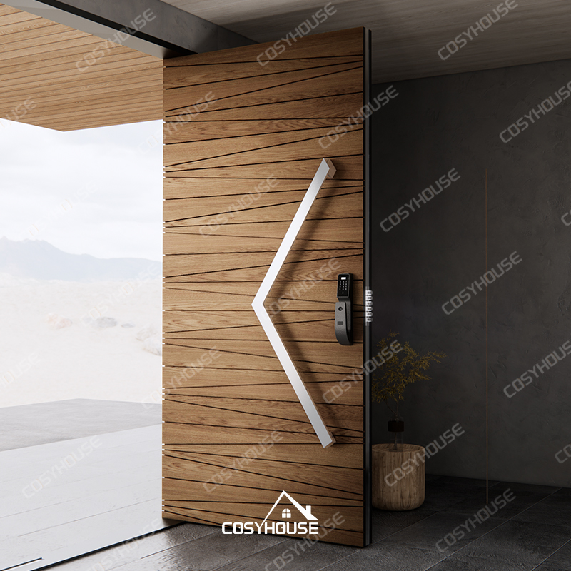 Modern Sculptural Wood Pivot Front Door with Geometric Handle And Smart Lock