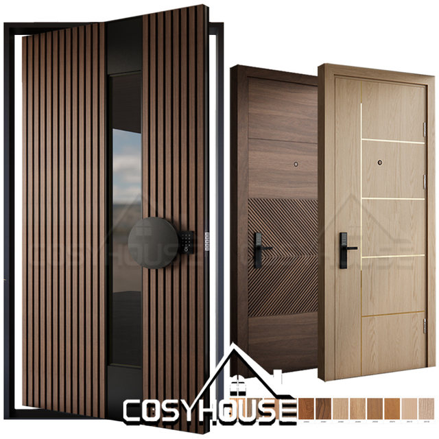Luxury apartment entrance door with aluminium and wood panels