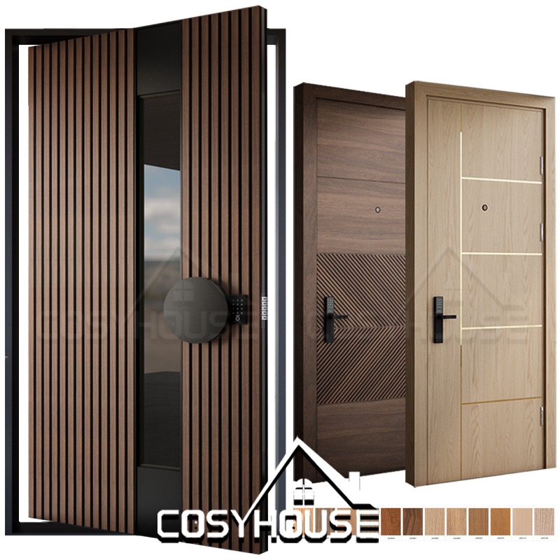 Luxury apartment entrance door with aluminium and wood panels