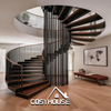 Helical staircase with wood treads and black metal railing for luxury villa interior