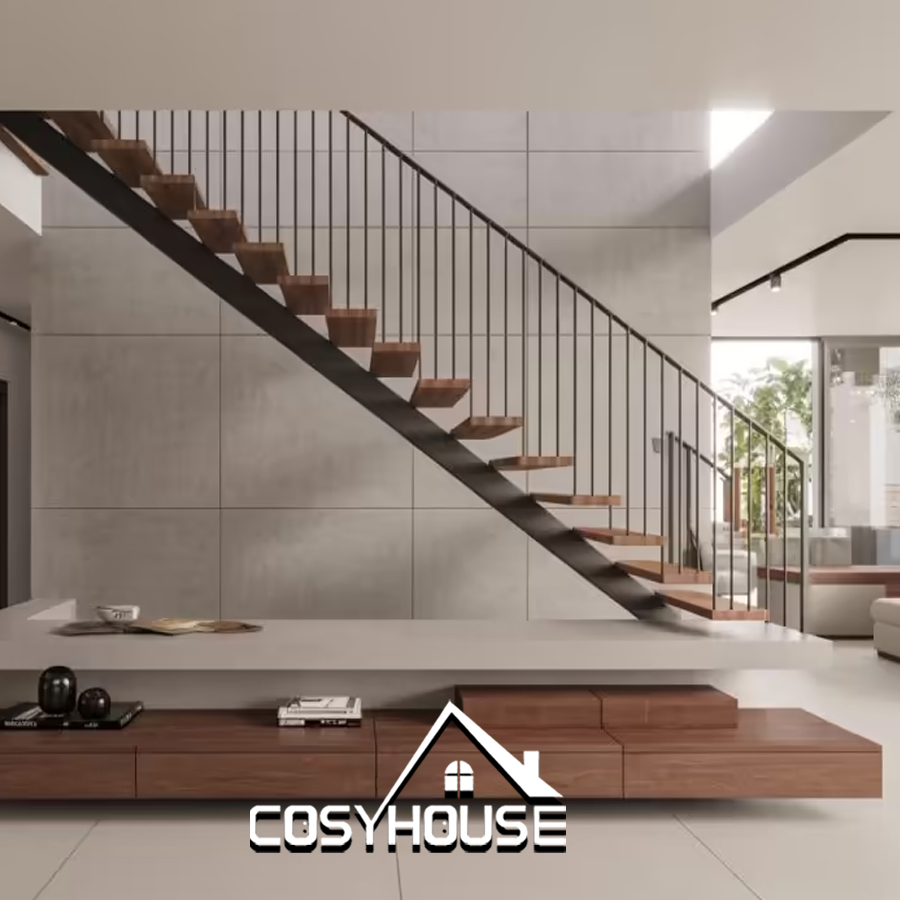 Straight steel staircase with wood treads and black metal railing for modern home interior