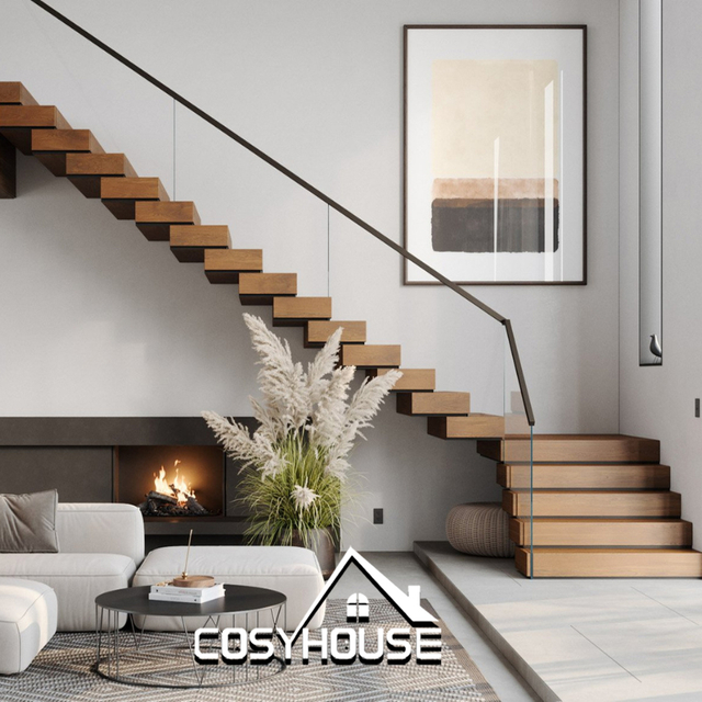 Modern floating steel and wood staircase with glass railing for contemporary home interior