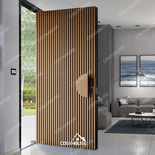 Fluted wooden pivot door with smart lock, waterproof and security design