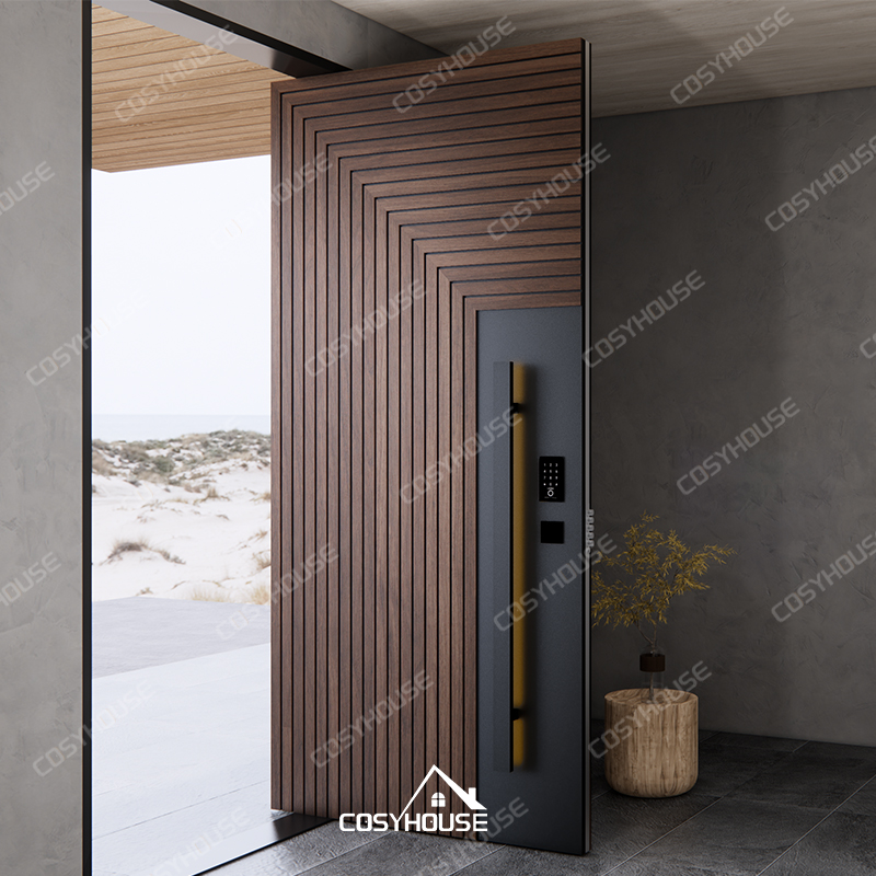 Geometric grooved solid wood entry door with long metal handle and smart lock