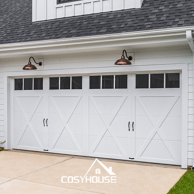 White carriage style sectional garage door with X-panel design