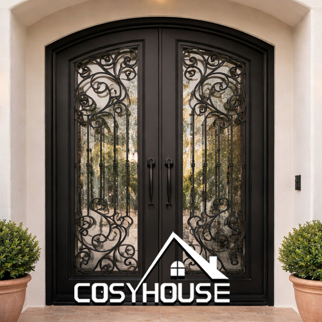 Black iron glass double front door for residential main entrance with decorative metal pattern