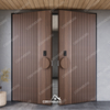 Slatted walnut wood double entry door with round handles and smart lock